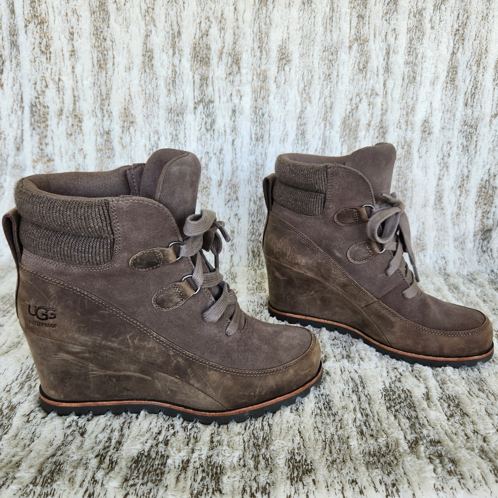UGG "Kriston" Waterproof Suede Wedge Heeled Boots Taupe Brown | Women's Size 7.5 - Picture 8 of 12